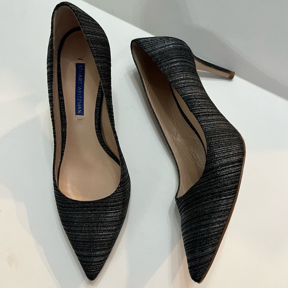 STUART WEITZMAN lurex stripe 75 pump pointed toe heel black silver size 7 - Picture 1 of 8